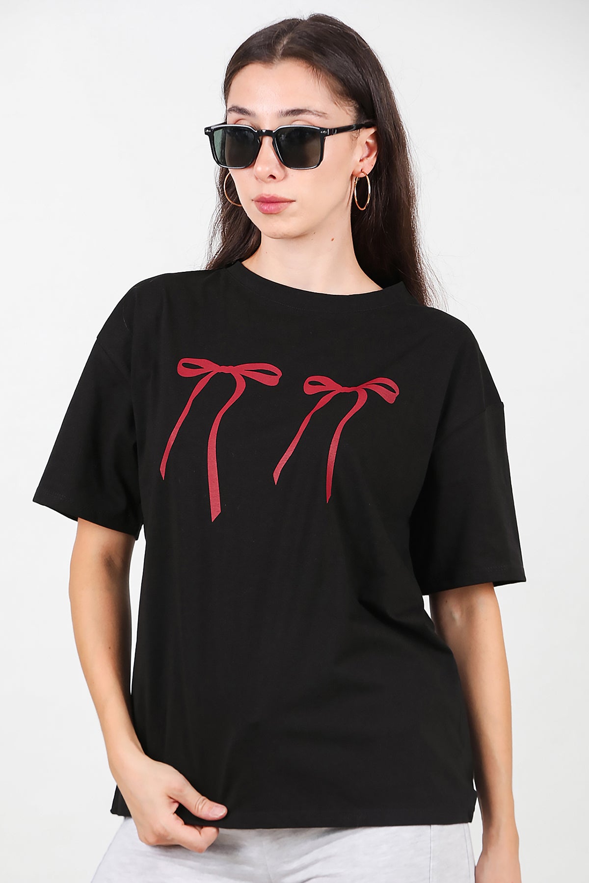 Kadın Baskılı Oversize T-shirt Siyah