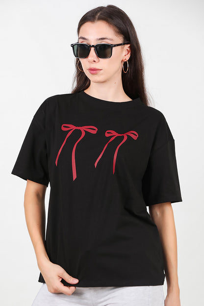 Kadın Baskılı Oversize T-shirt Siyah