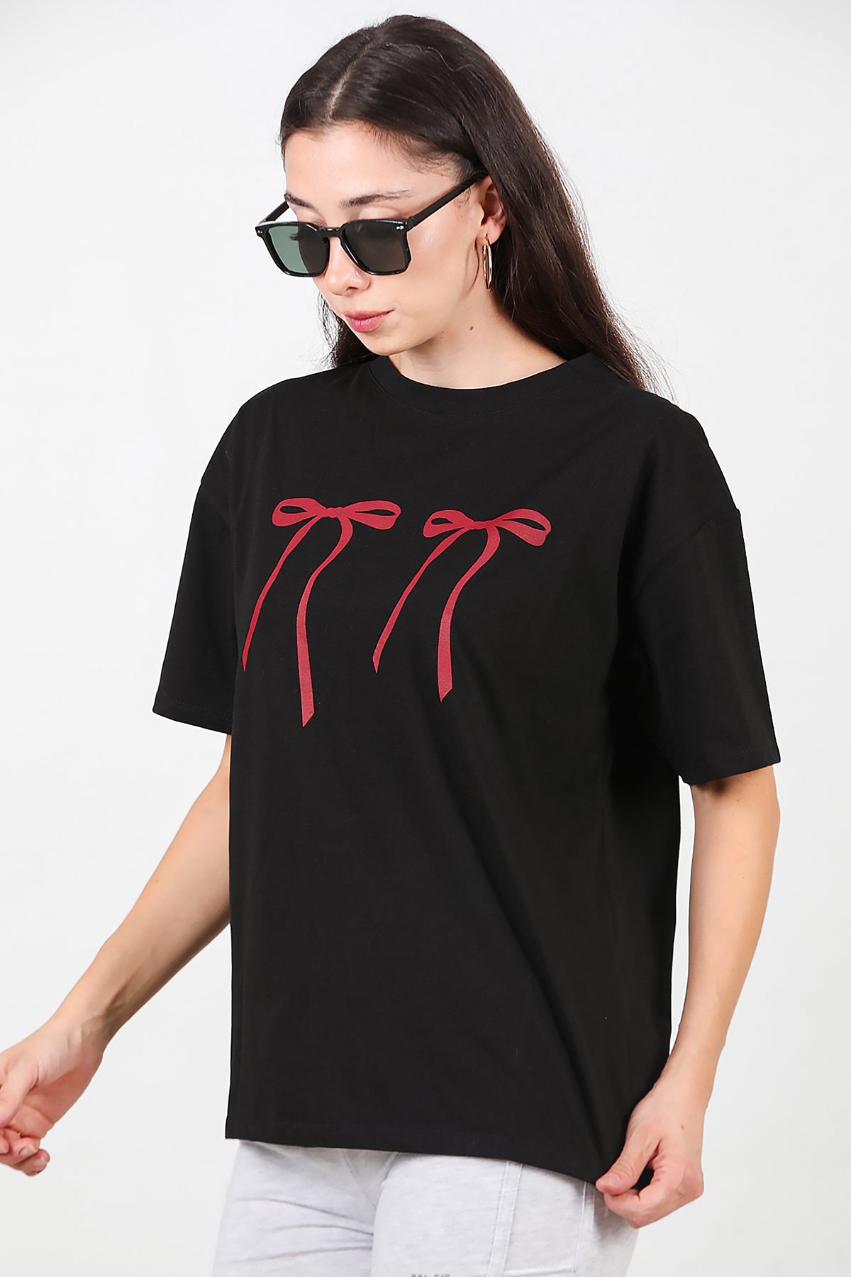 Kadın Baskılı Oversize T-shirt Siyah