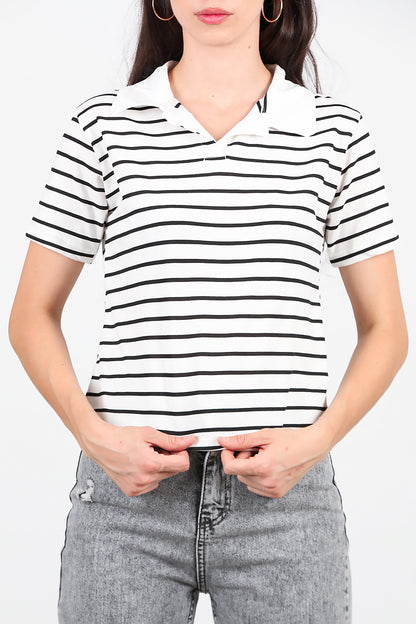 Kadın Çizgili Yakalı T-Shirt Siyah