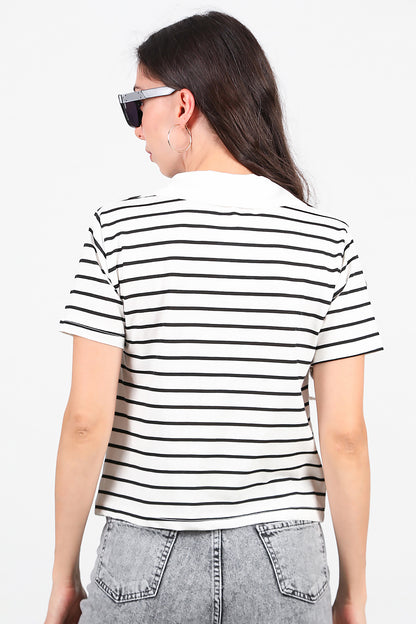 Kadın Çizgili Yakalı T-Shirt Siyah