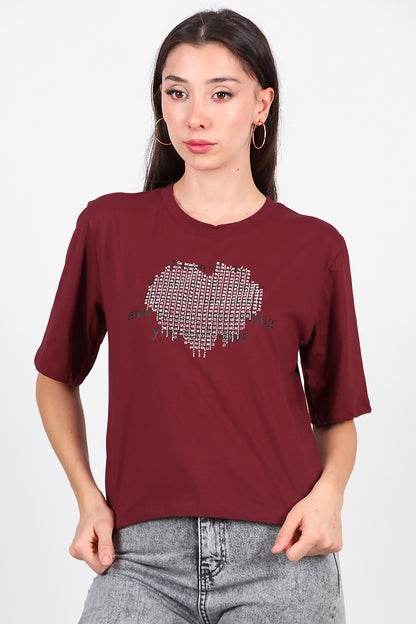 Kadın Taş Baskılı T-Shirt Bordo
