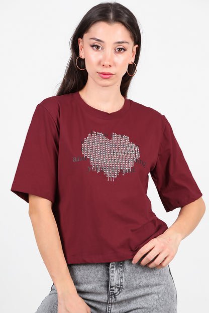 Kadın Taş Baskılı T-Shirt Bordo