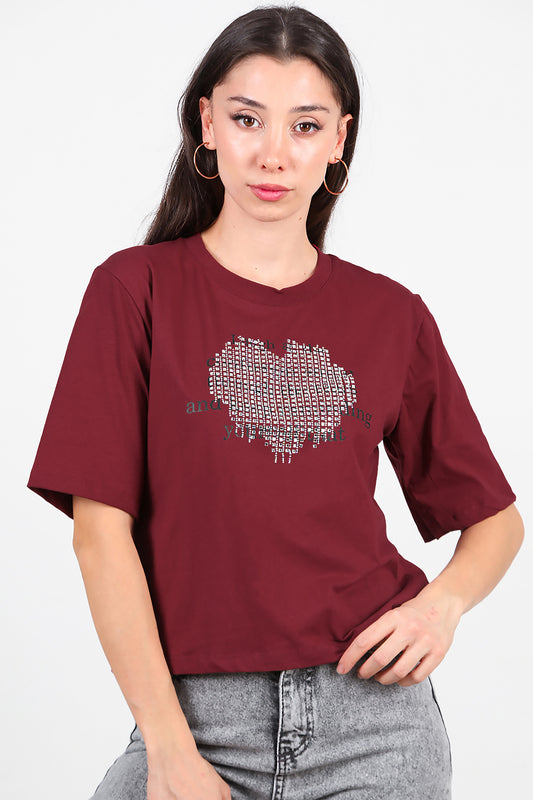 Kadın Taş Baskılı T-Shirt Bordo