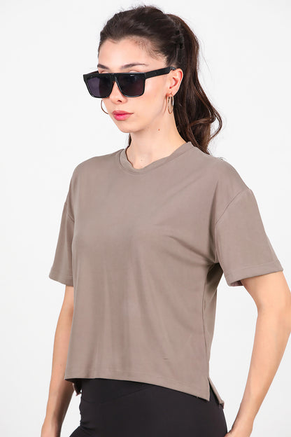 Kadın Önü Kısa Arkası Uzun T-Shirt  Vizon