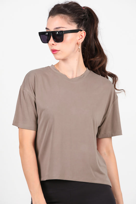 Kadın Önü Kısa Arkası Uzun T-Shirt  Vizon