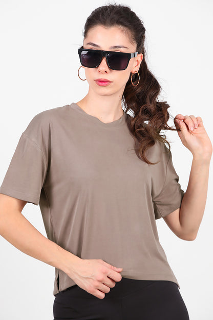 Kadın Önü Kısa Arkası Uzun T-Shirt  Vizon