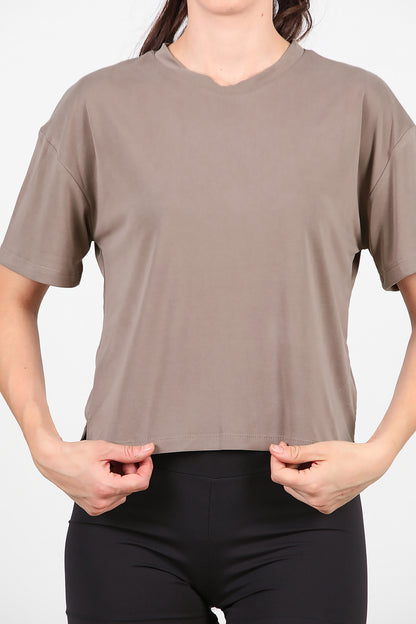 Kadın Önü Kısa Arkası Uzun T-Shirt  Vizon