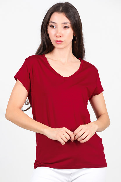 Kadın V Yaka Basıc T-Shirt  Bordo