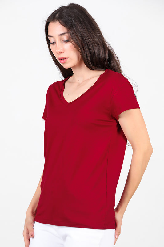 Kadın V Yaka Basıc T-Shirt  Bordo