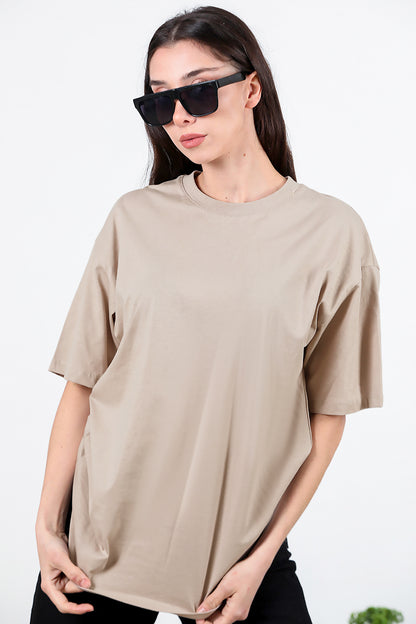 Kadın Bisiklet Yaka Oversize T-shirt Bej