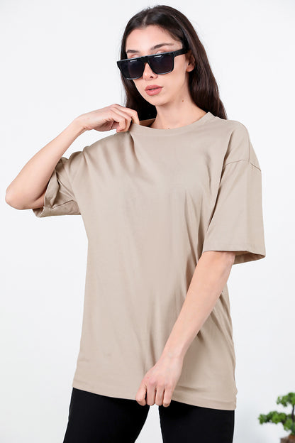 Kadın Bisiklet Yaka Oversize T-shirt Bej