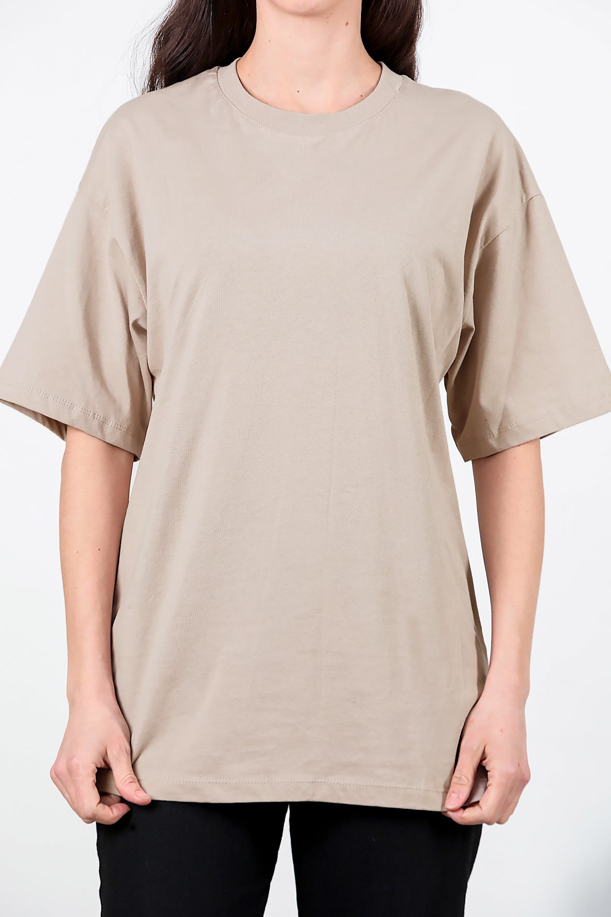 Kadın Bisiklet Yaka Oversize T-shirt Bej