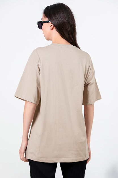 Kadın Bisiklet Yaka Oversize T-shirt Bej
