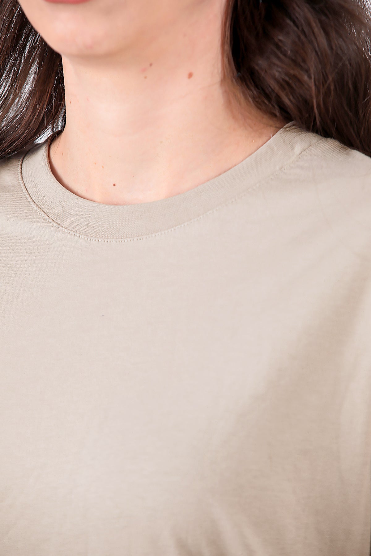 Kadın Bisiklet Yaka Oversize T-shirt Bej