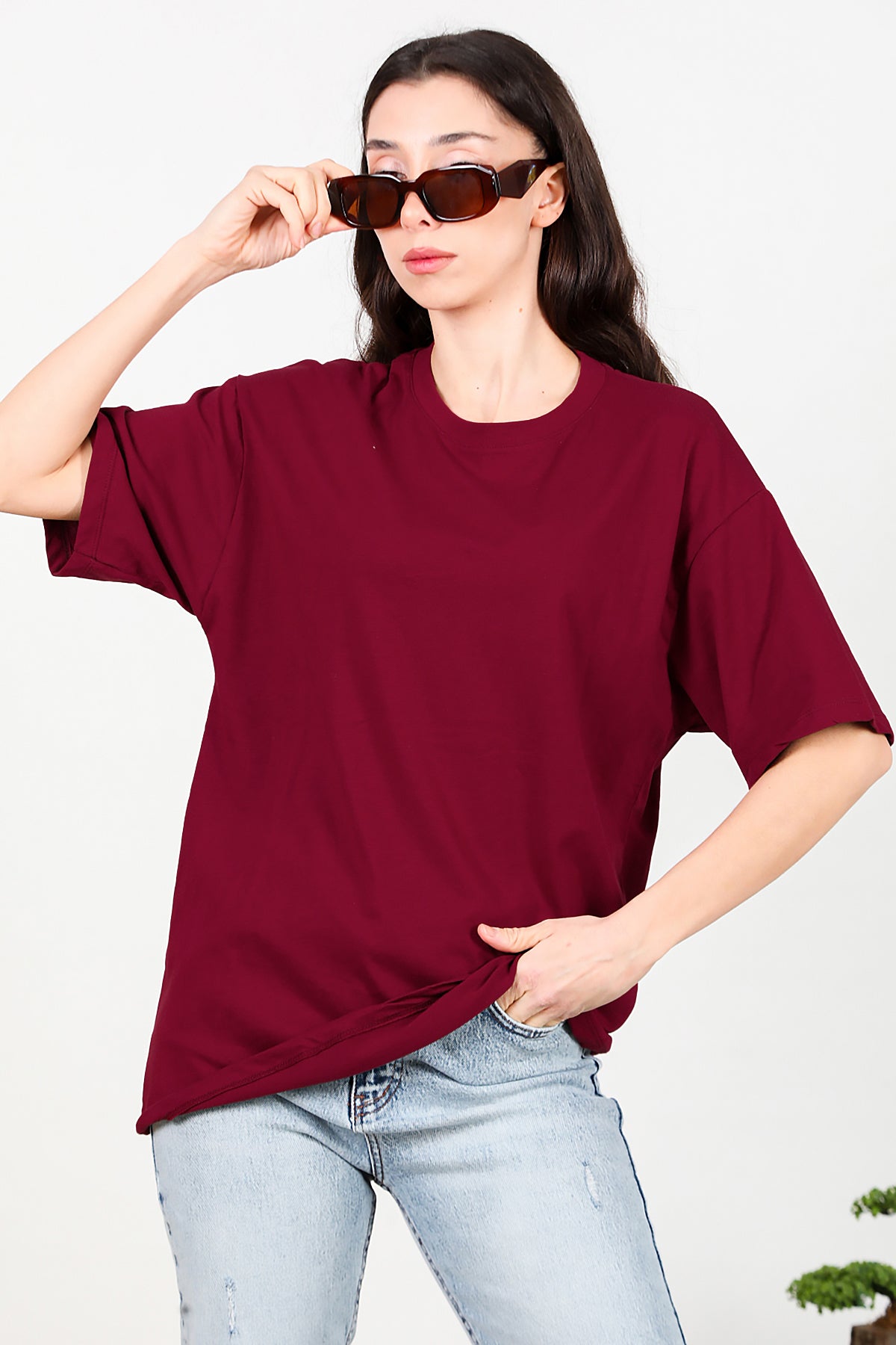 Kadın Bisiklet Yaka Oversize T-shirt Bordo