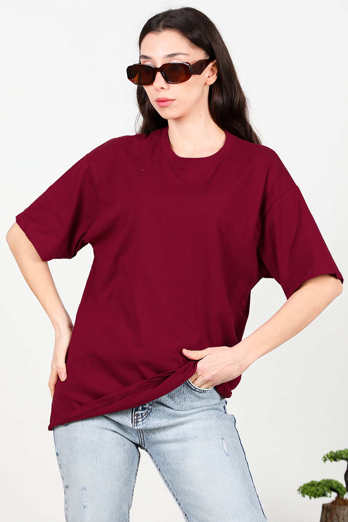Kadın Bisiklet Yaka Oversize T-shirt Bordo