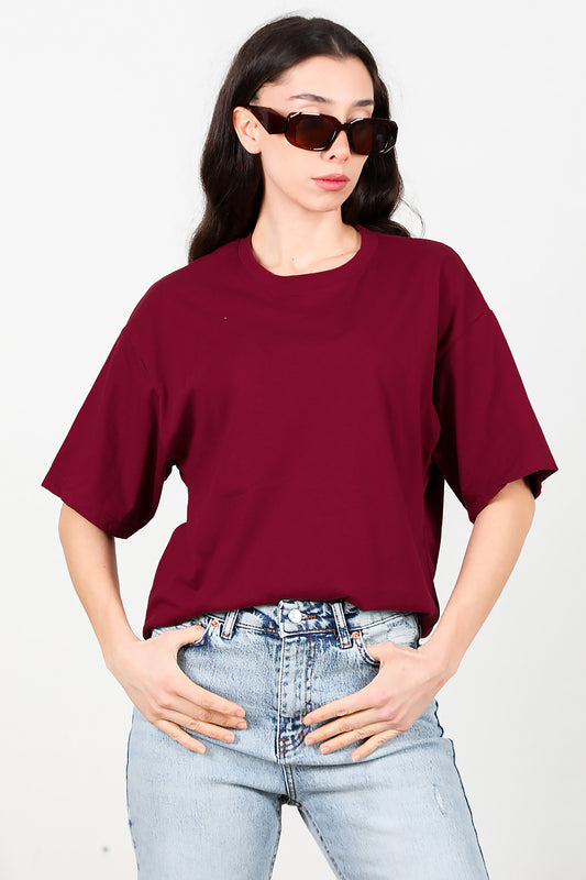 Kadın Bisiklet Yaka Oversize T-shirt Bordo