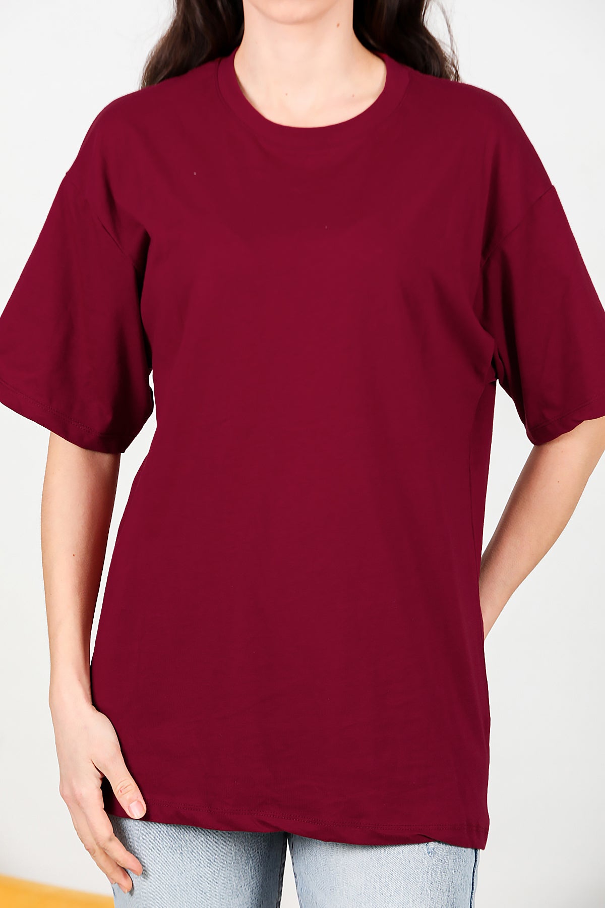 Kadın Bisiklet Yaka Oversize T-shirt Bordo