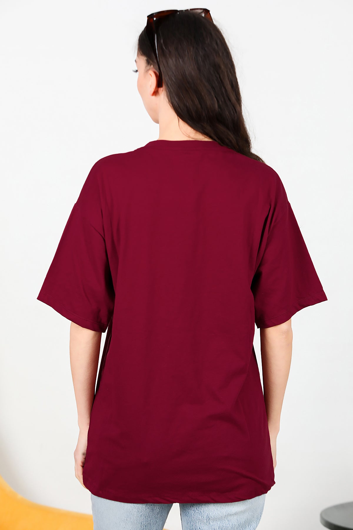 Kadın Bisiklet Yaka Oversize T-shirt Bordo