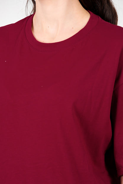 Kadın Bisiklet Yaka Oversize T-shirt Bordo