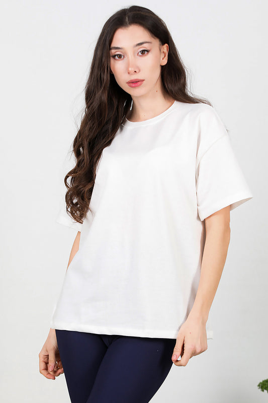 Kadın Bisiklet Yaka Oversize T-shirt Beyaz
