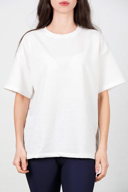 Kadın Bisiklet Yaka Oversize T-shirt Beyaz
