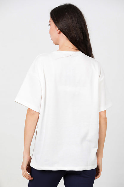 Kadın Bisiklet Yaka Oversize T-shirt Beyaz