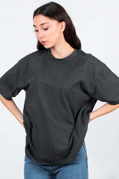Kadın Bisiklet Yaka Oversize T-shirt Füme