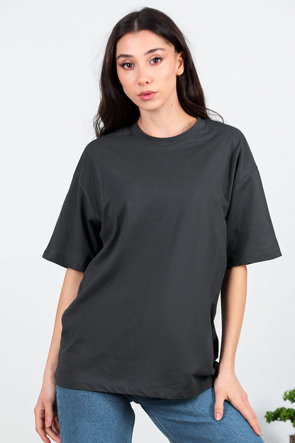 Kadın Bisiklet Yaka Oversize T-shirt Füme