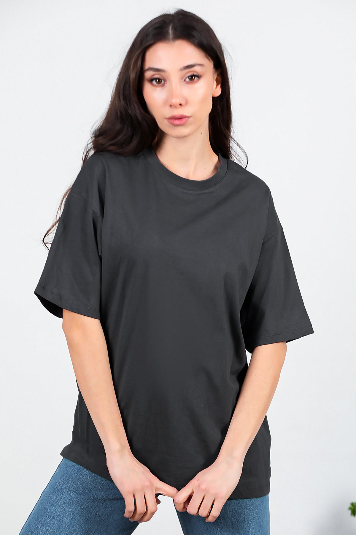 Kadın Bisiklet Yaka Oversize T-shirt Füme