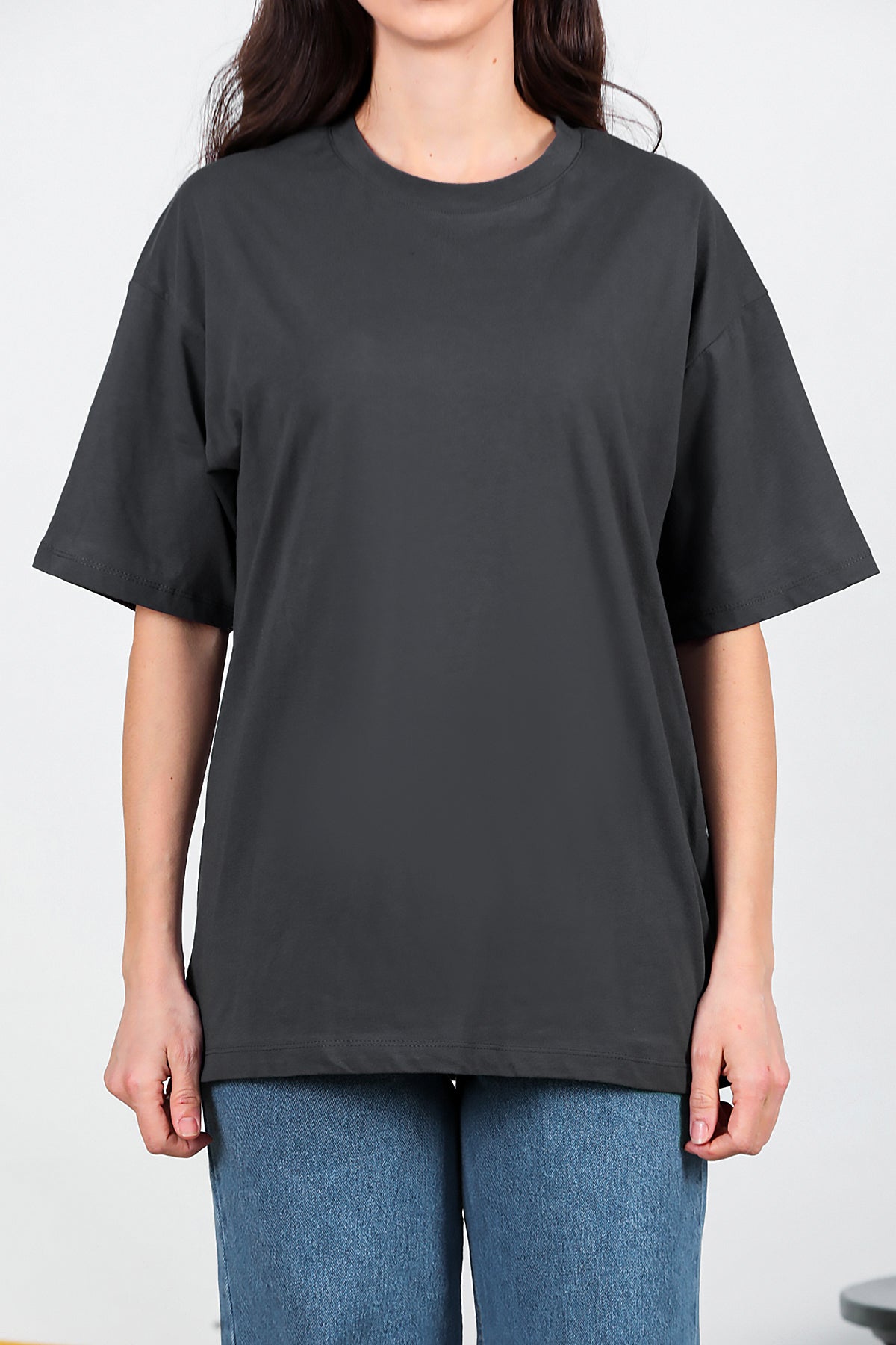 Kadın Bisiklet Yaka Oversize T-shirt Füme