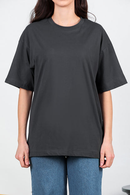 Kadın Bisiklet Yaka Oversize T-shirt Füme