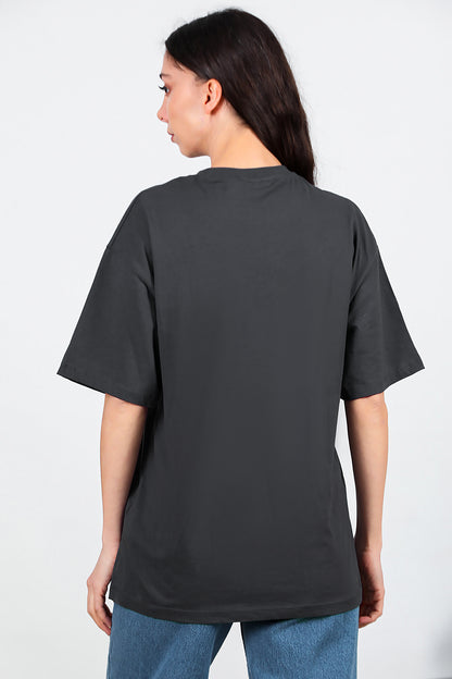 Kadın Bisiklet Yaka Oversize T-shirt Füme