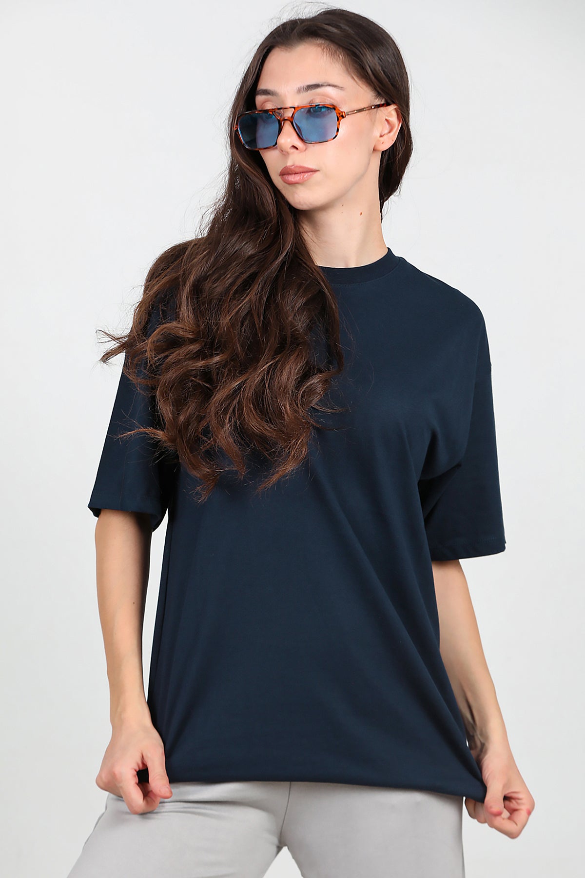 Kadın Bisiklet Yaka Oversize Tshırt Lacivert
