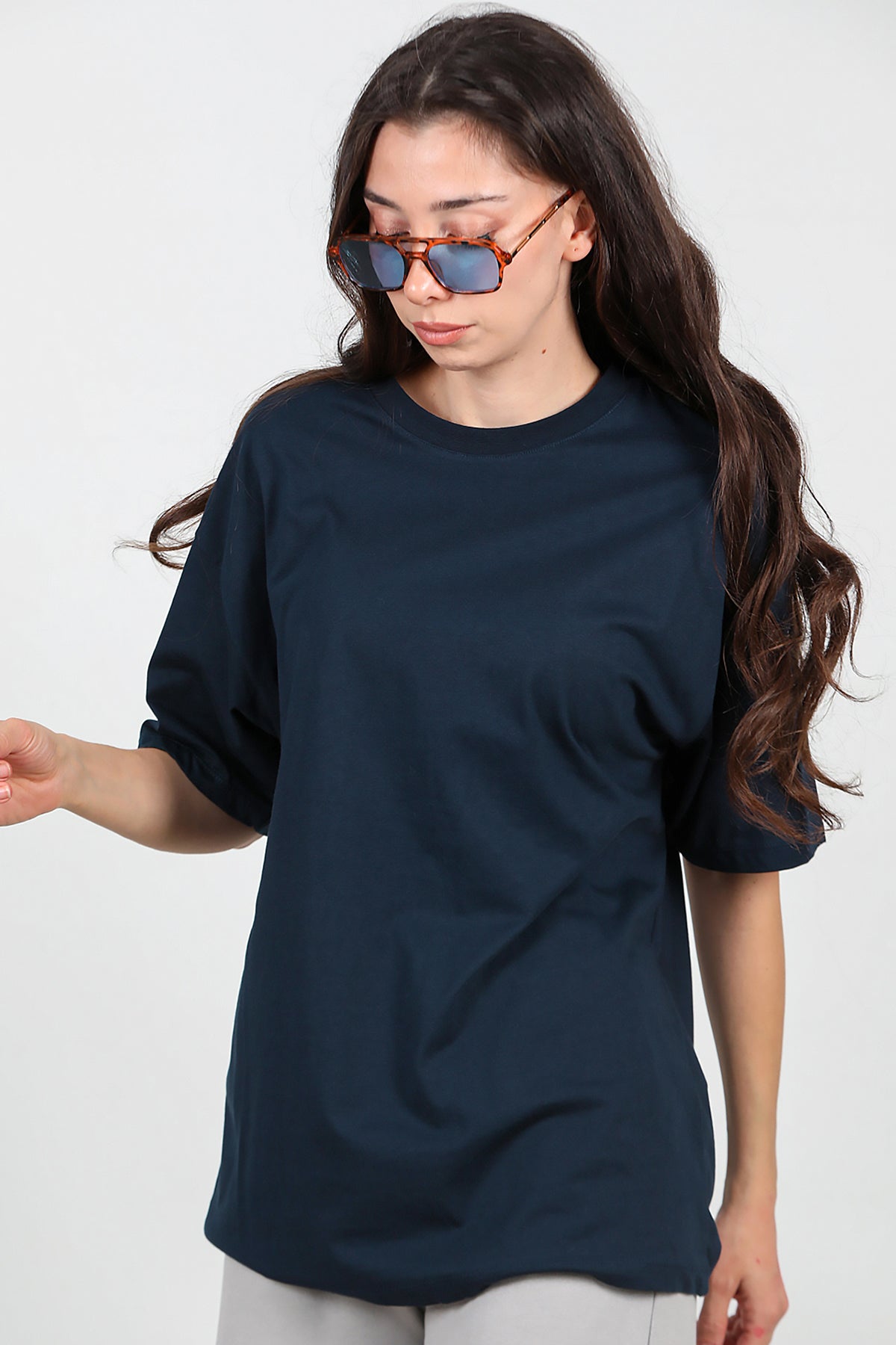 Kadın Bisiklet Yaka Oversize Tshırt Lacivert