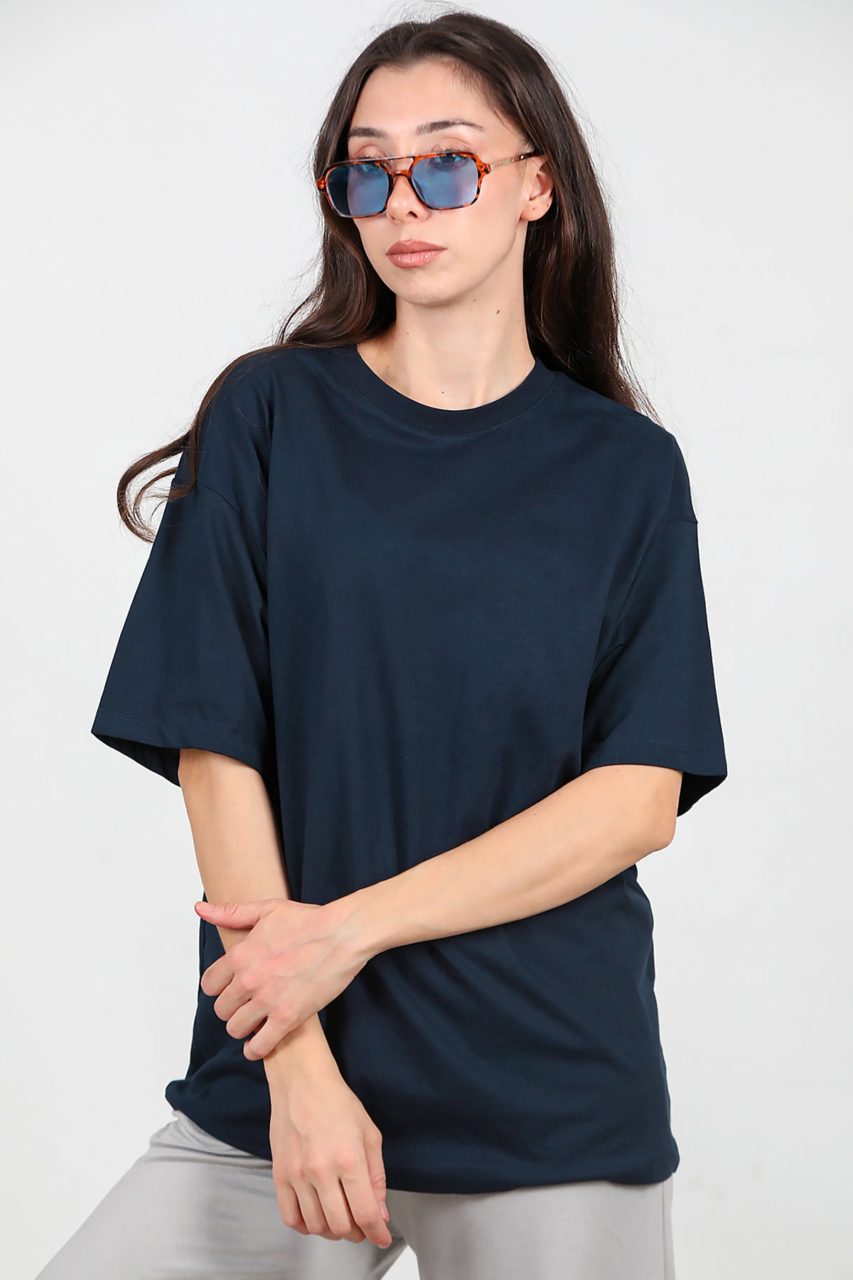 Kadın Bisiklet Yaka Oversize Tshırt Lacivert