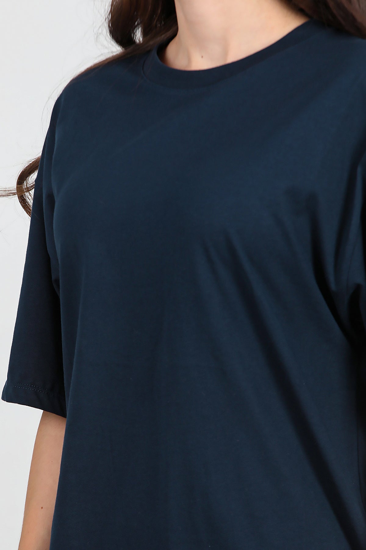 Kadın Bisiklet Yaka Oversize Tshırt Lacivert