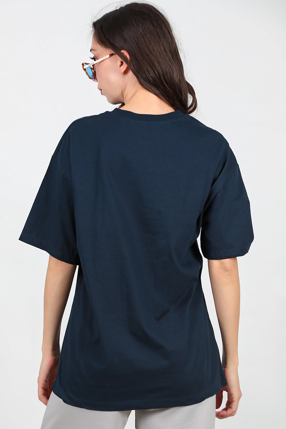 Kadın Bisiklet Yaka Oversize Tshırt Lacivert