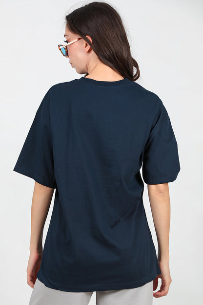Kadın Bisiklet Yaka Oversize Tshırt Lacivert
