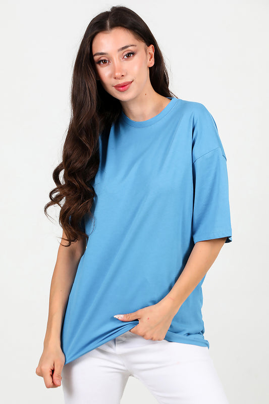 Kadın Bisiklet Yaka Oversize Tshırt Mavi
