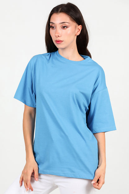 Kadın Bisiklet Yaka Oversize Tshırt Mavi