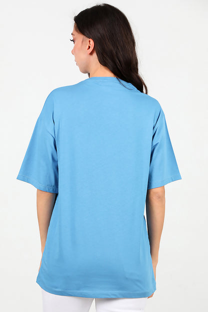 Kadın Bisiklet Yaka Oversize Tshırt Mavi