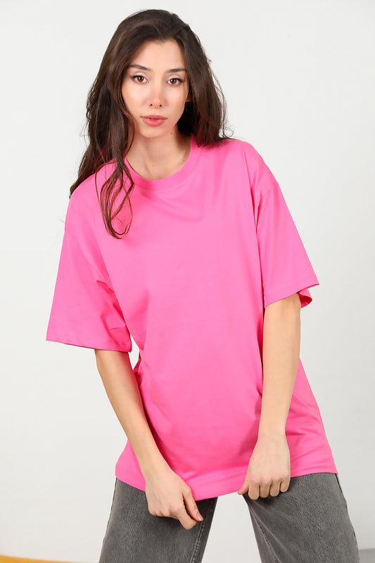 Kadın Bisiklet Yaka Oversize T-shirt Pembe