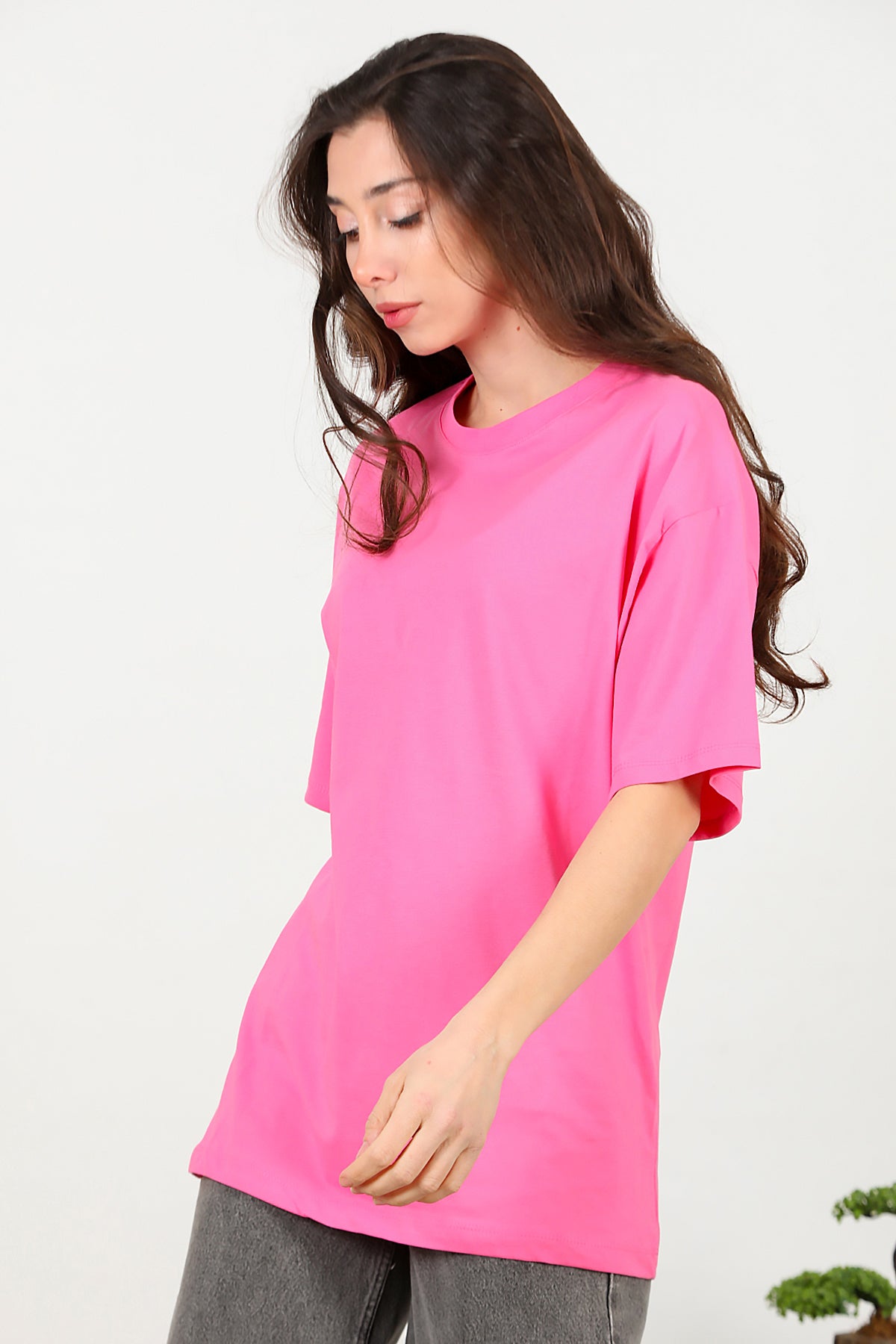 Kadın Bisiklet Yaka Oversize T-shirt Pembe