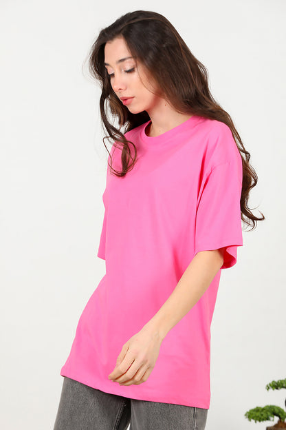 Kadın Bisiklet Yaka Oversize T-shirt Pembe