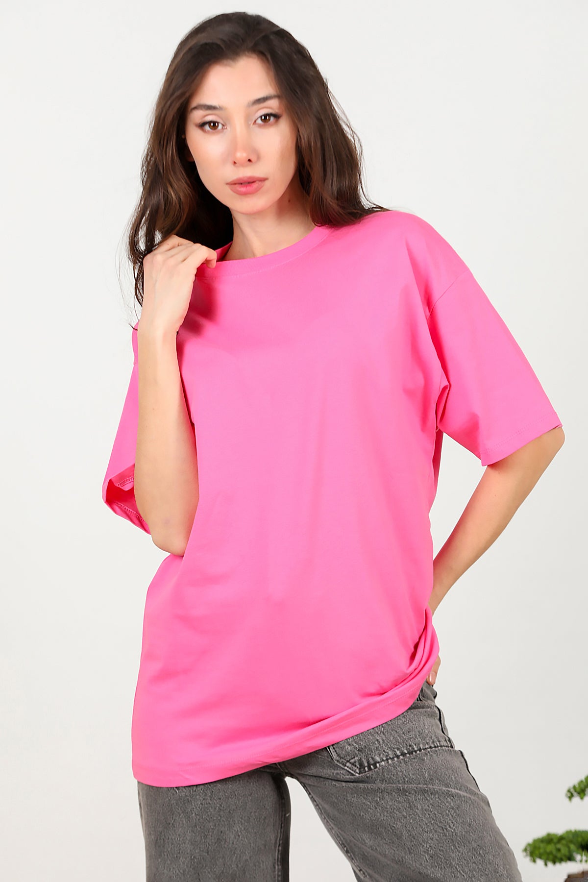 Kadın Bisiklet Yaka Oversize T-shirt Pembe