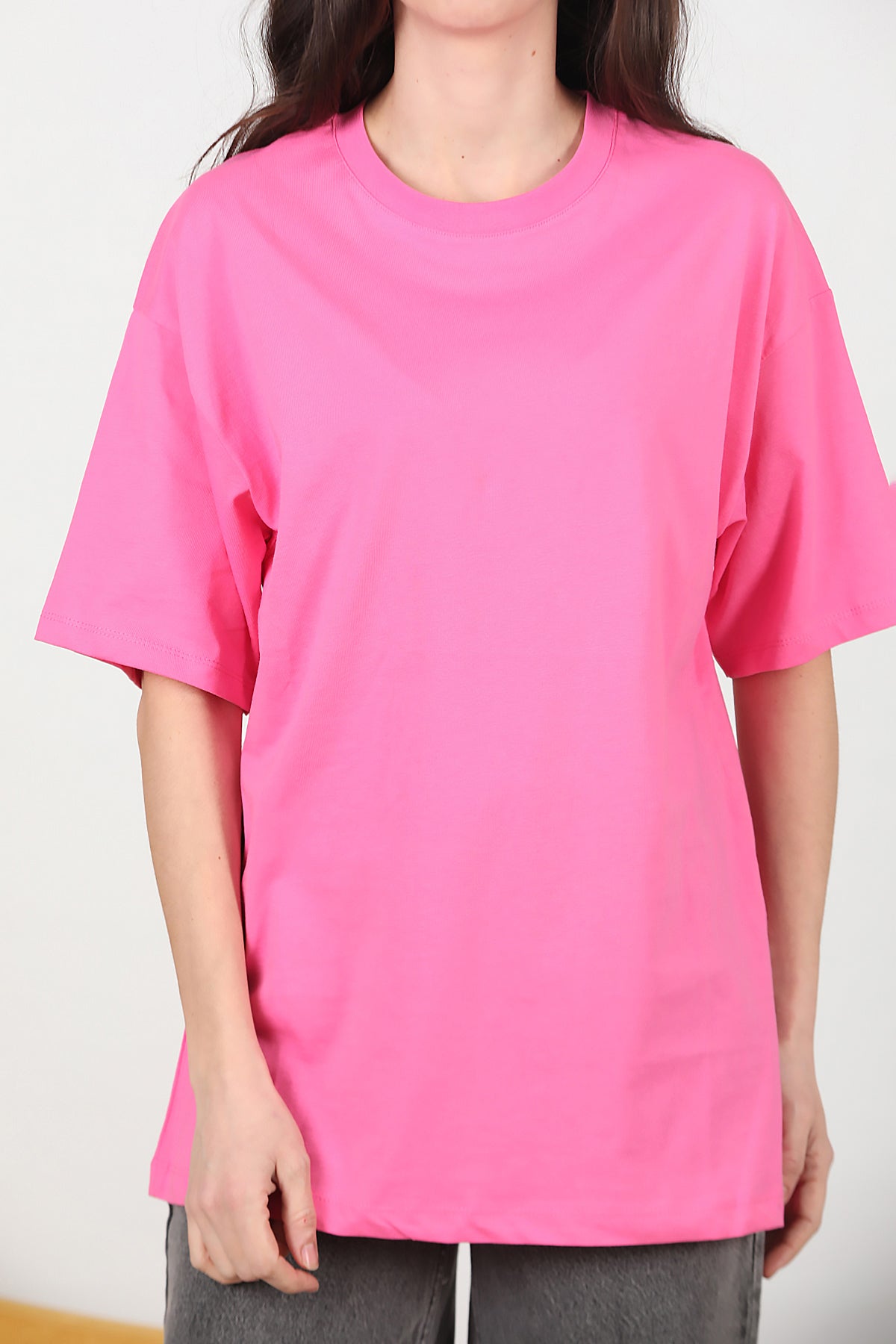 Kadın Bisiklet Yaka Oversize T-shirt Pembe