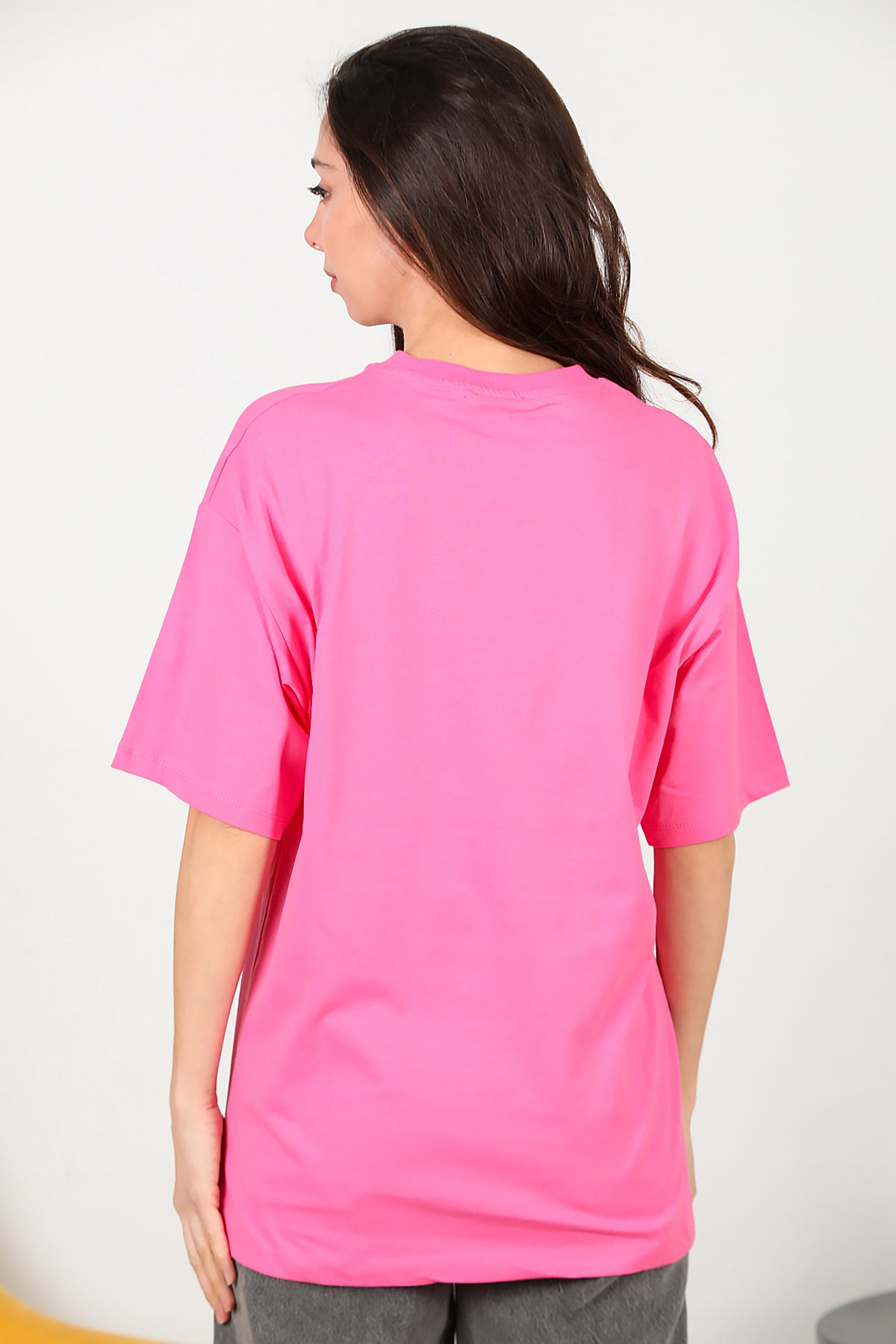 Kadın Bisiklet Yaka Oversize T-shirt Pembe