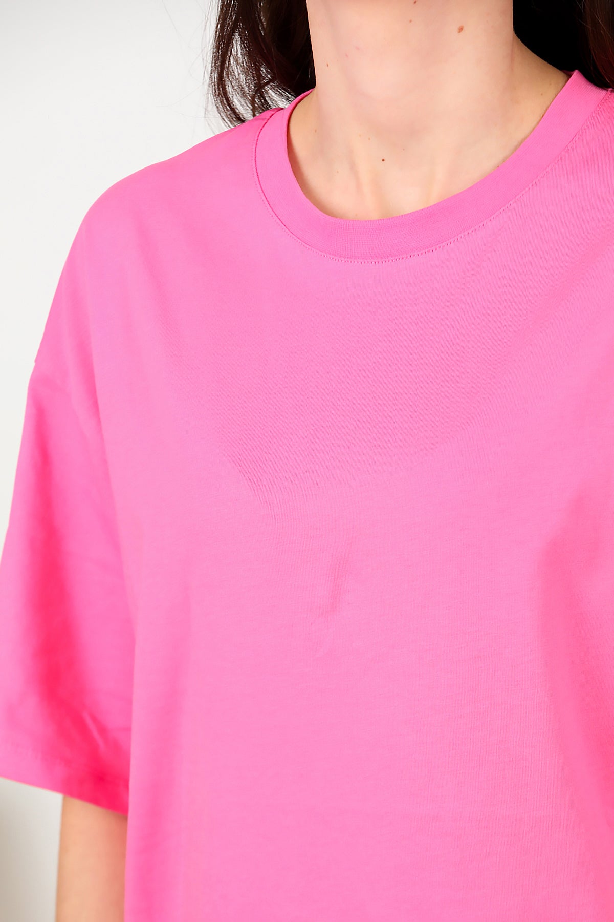 Kadın Bisiklet Yaka Oversize T-shirt Pembe